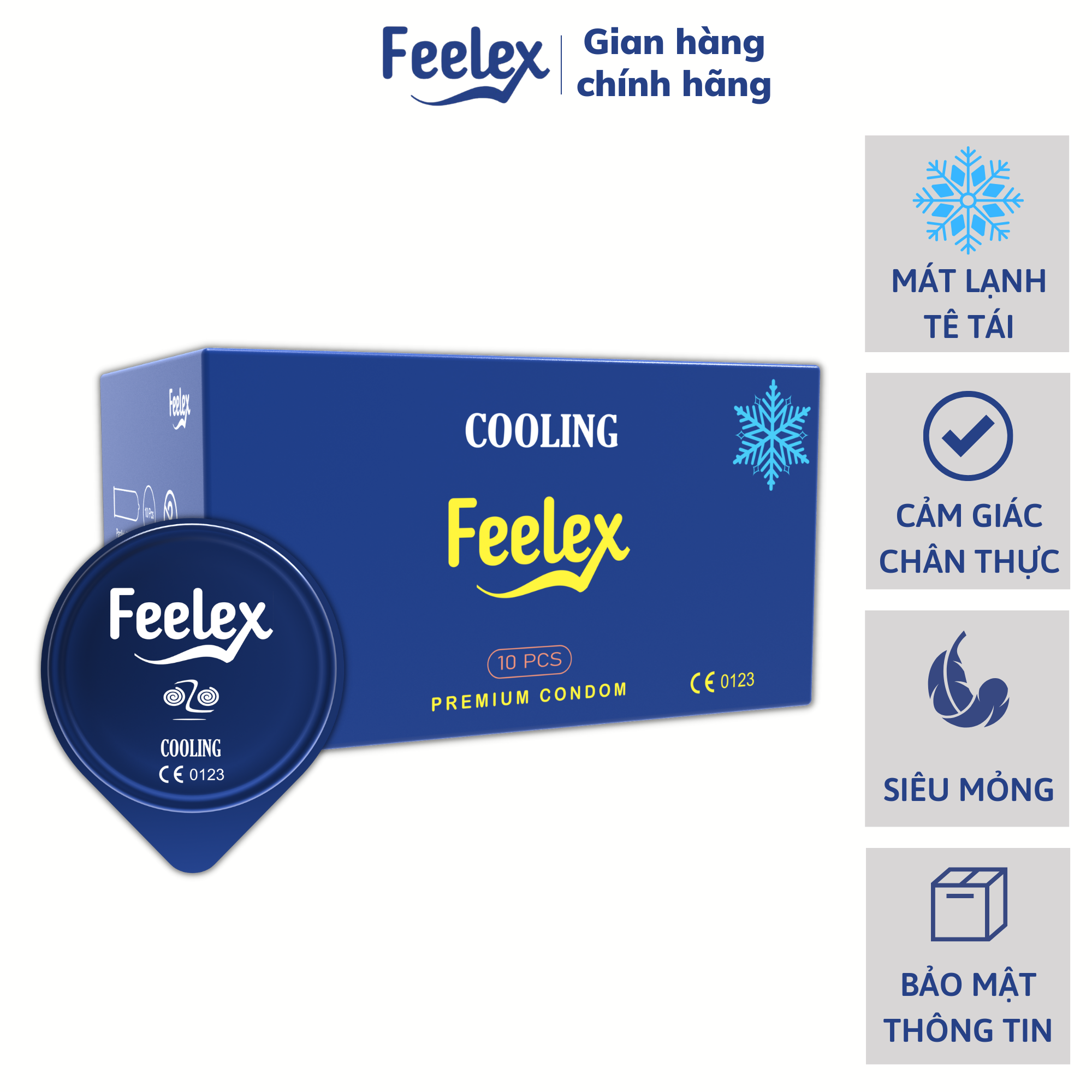Bao cao su Feelex Cooling siêu mỏng, mát lạnh, cảm giác chân thật, hộp 10 bcs