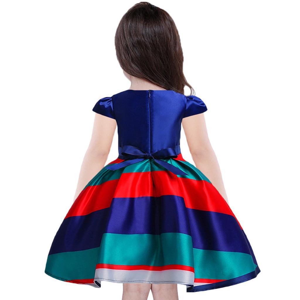Fashion Flower Girl Dress Red Blue Stripes Bow Wedding Bridesmaid Birthday Pageant Formal Short Sleeve Dresses 3-10 Years