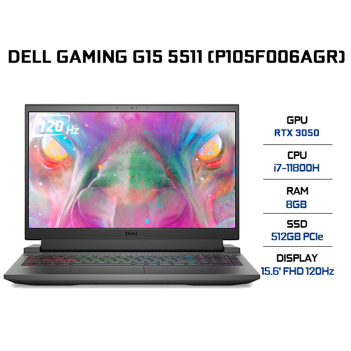 Laptop Dell Gaming G15 5511 P105F006AGR (Core i7-11800H/ 8GB DDR4/ 512GB SSD/ RTX 3050 4GB GDDR6/ 15.6 FHD, 120Hz/ Win11 + Office) - Hàng Chính Hãng