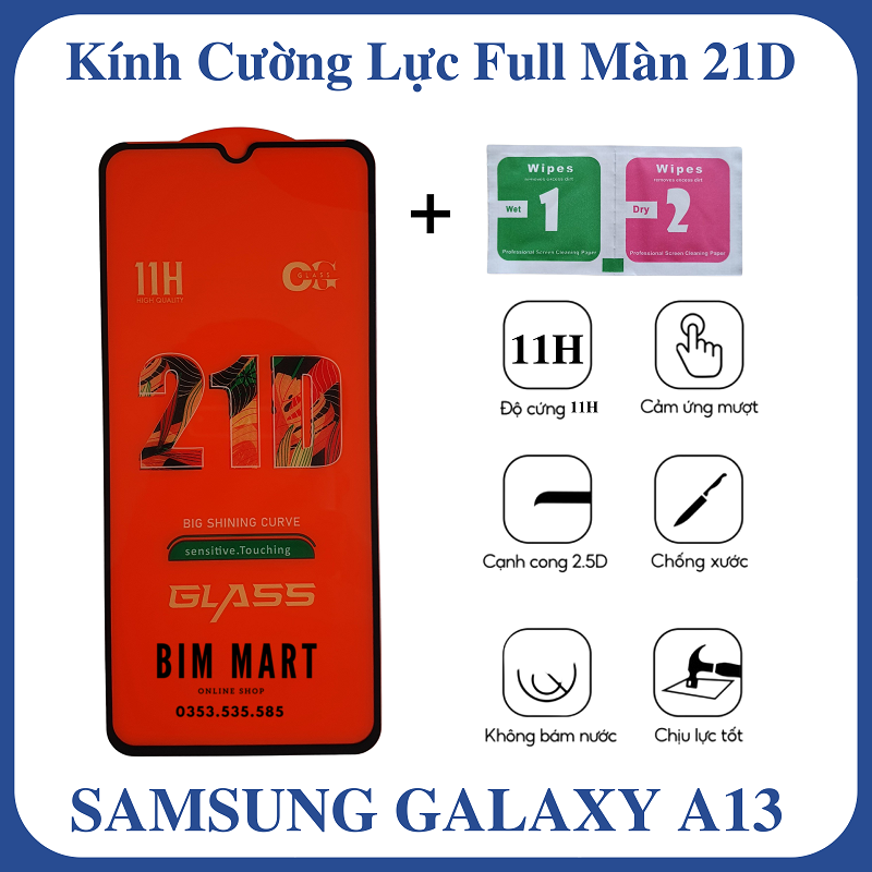 Kính cường lực 21D dành cho Samsung Galaxy A13 full màn hình