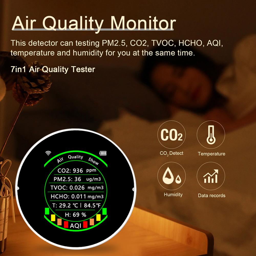 Tuya Wifi 7in1 Máy Đo Chất Lượng Không Khí Đa Năng PM2.5 CO2 TVOC HCHO AQI Nhiệt Độ Độ Ẩm Kiểm Tra