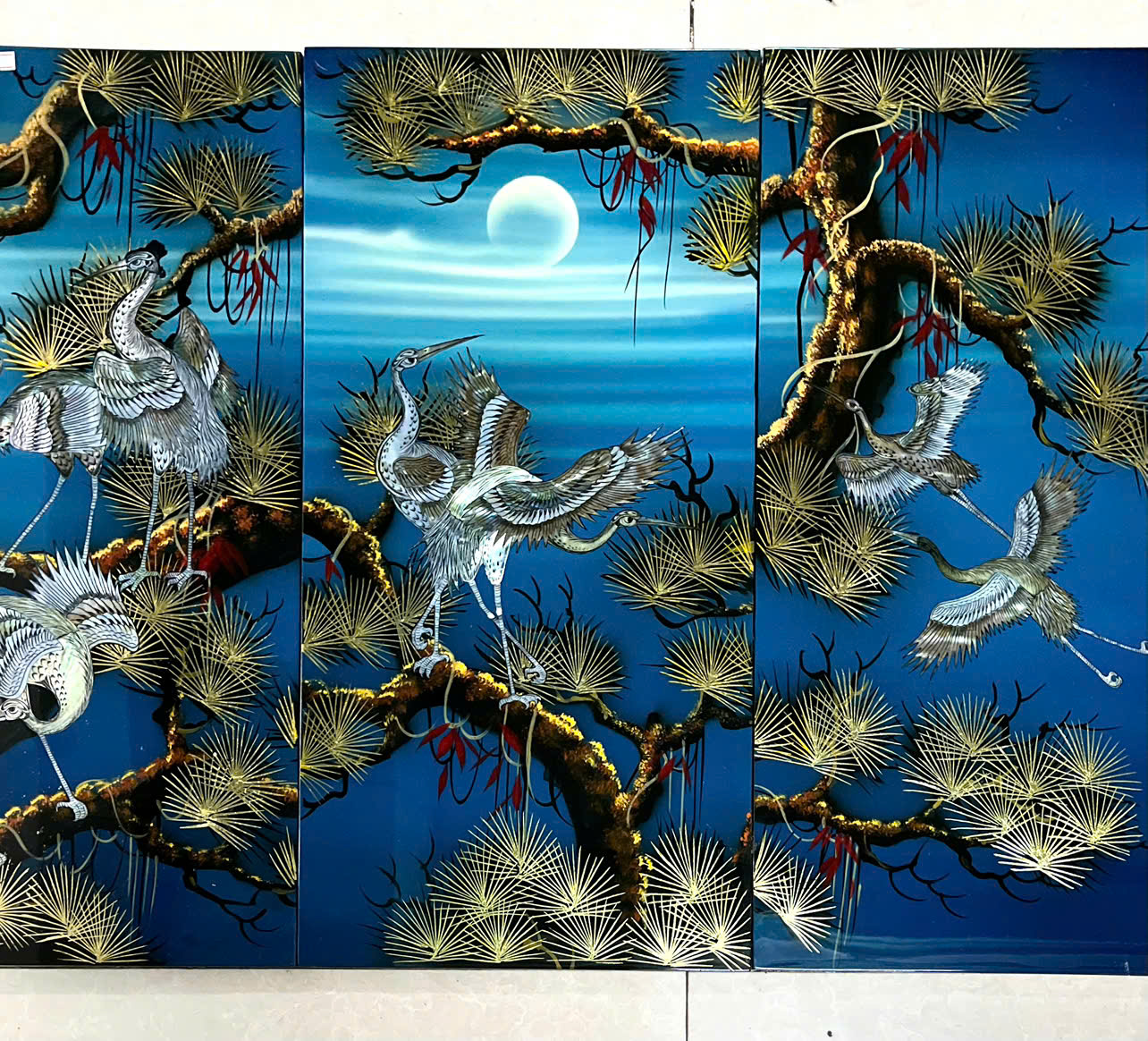 Bộ Tranh sơn mài 4 tấm- TÙNG HẠC DIÊN NIÊN - Khảm cừ size 60x120 cm / hàng cao cấp , xuất khẩu