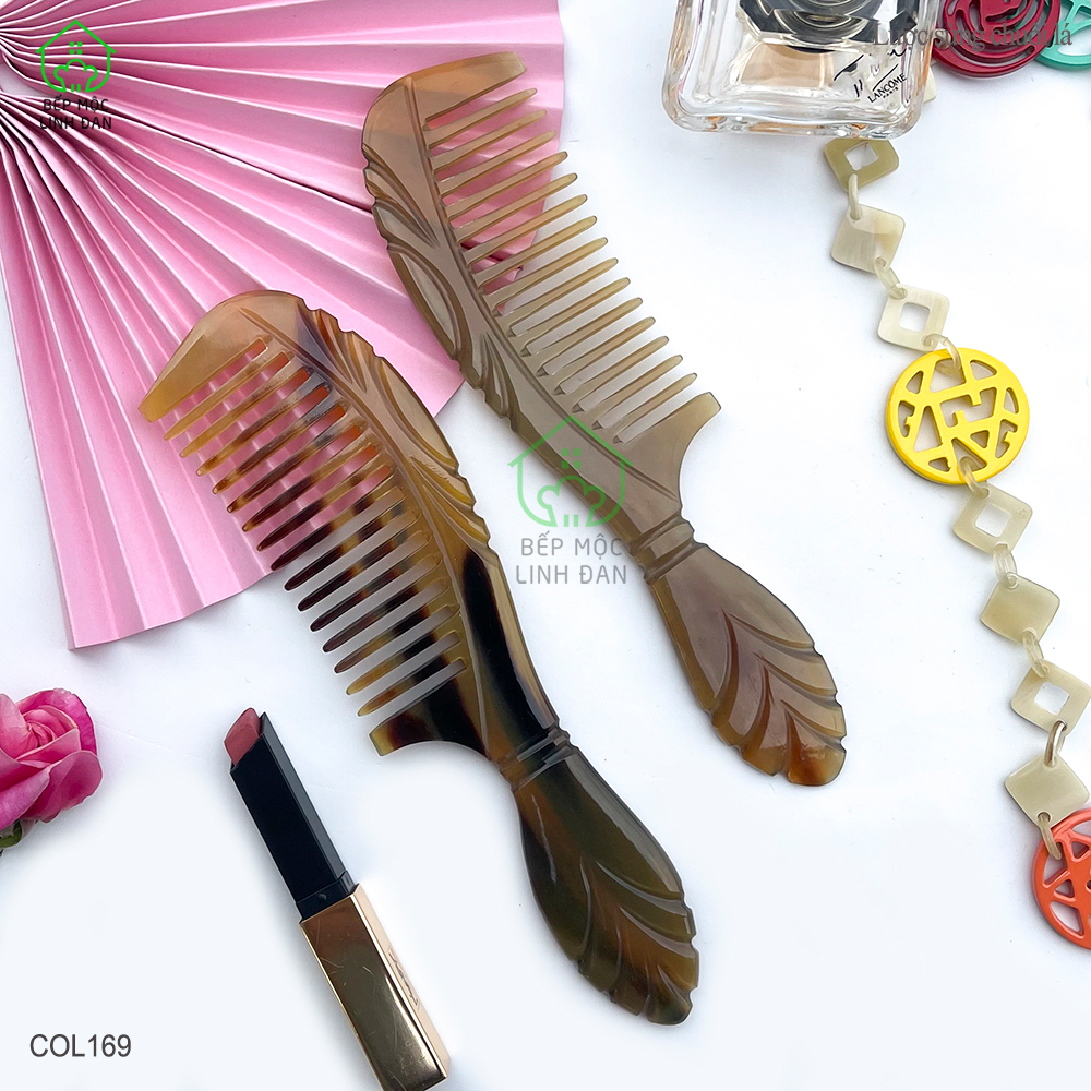 Lược Sừng Răng Thưa Chuôi Lá (Size: XL-20cm) Đường Nét Uốn Lượn [COL169]