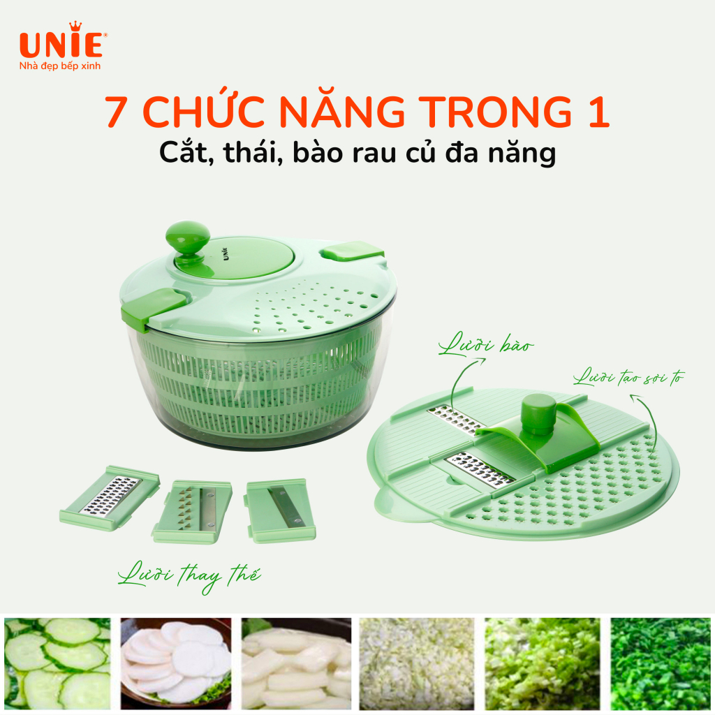 Bộ dụng cụ quay vắt đa năng Unie US4000M, dung tích 4L,Lưỡi dao cao cấp, 7 chức năng trong 1: Cắt, thái, bào rau củ - hàng chính hãng