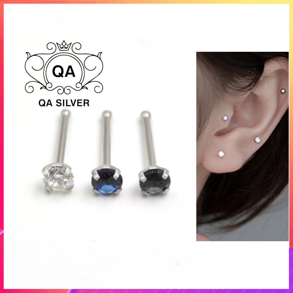 Khuyên tai bạc 925 nụ đá trắng đen xanh đuôi bi tối giản nam nữ Hàn quốc S925 MINIMAL Silver Earrings QA SILVER EA220609