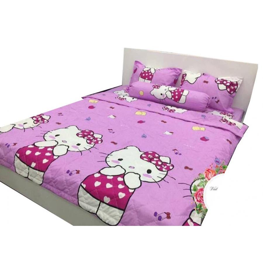 Set 5 món chăn hè ga chun Cotton Poly kitty hồng