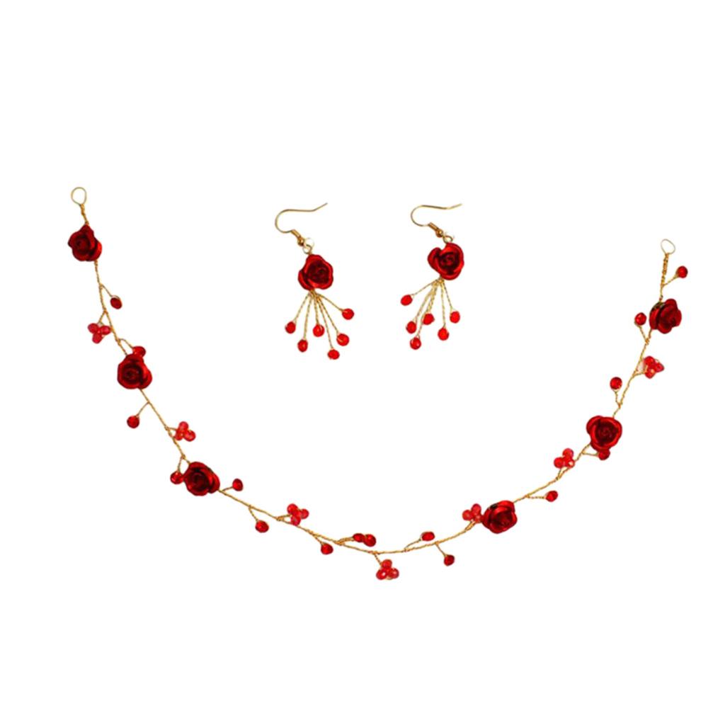 Bridal Crown Headband Tiara Fashion Red Rose Earrings Set Headpiece Jewelry Set