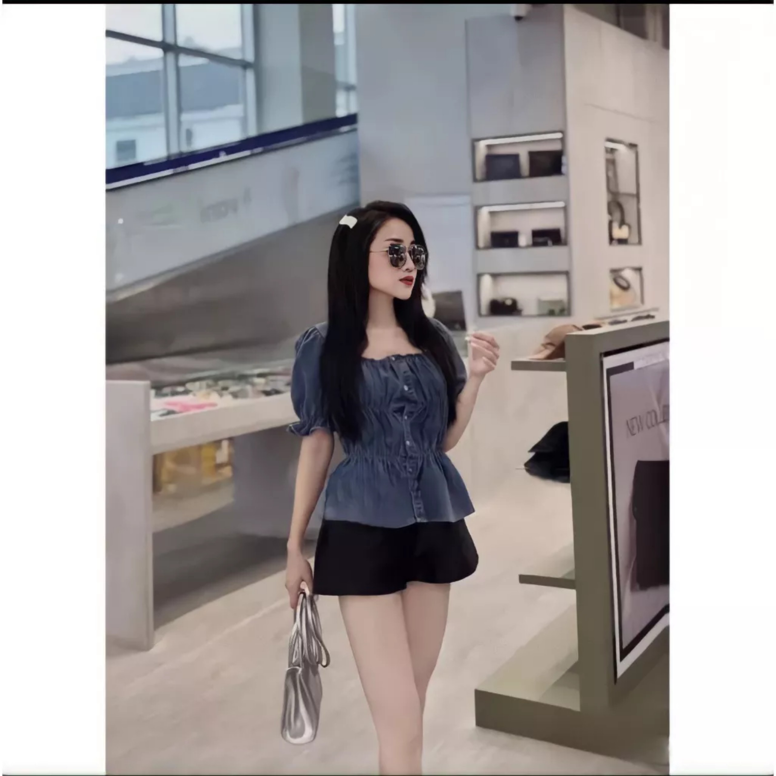 Áo Jeans Nữ Cộc Tay Hàng Cúc Chun Ngực Dáng Babydoll Cổ Vuông Basic