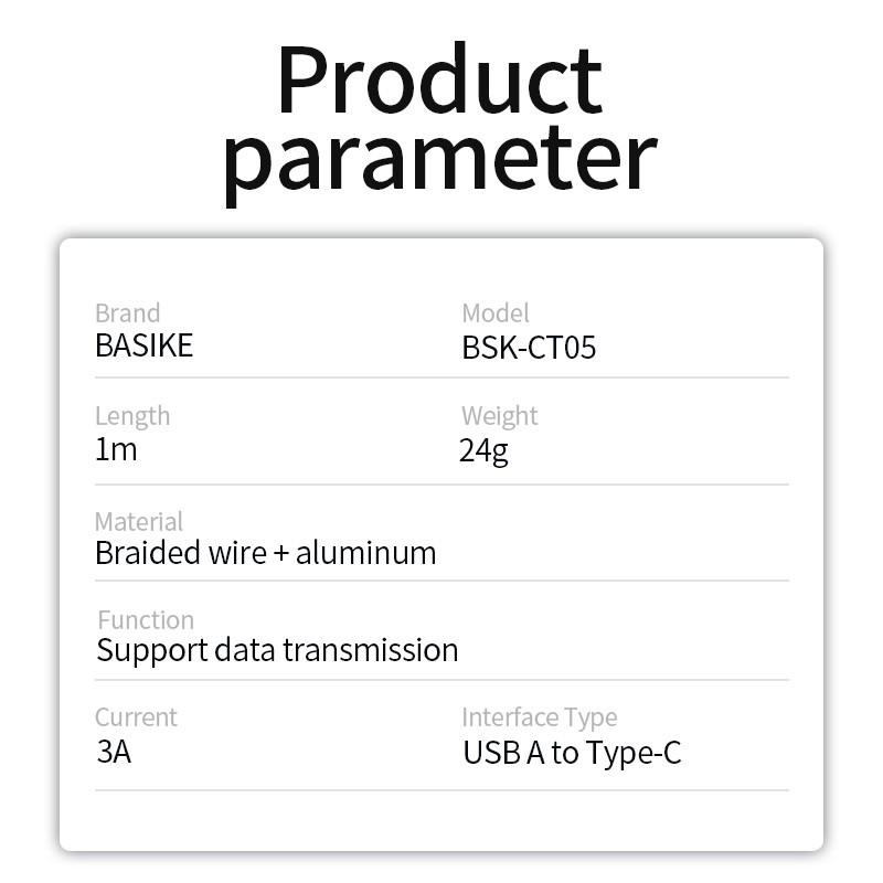 Cáp sạc BASIKE CT05 Type-C 1M 3A sạc nhanh cho Samsung Huawei-Hàng chính hãng