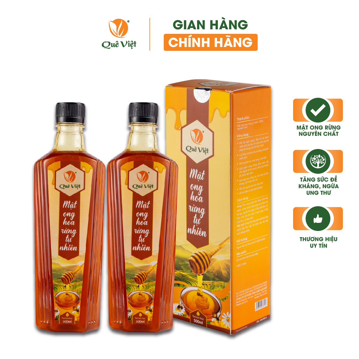 Mật ong nguyên chất hoa rừng tự nhiên Quê Việt (2 chai x 500ml -  1400g)