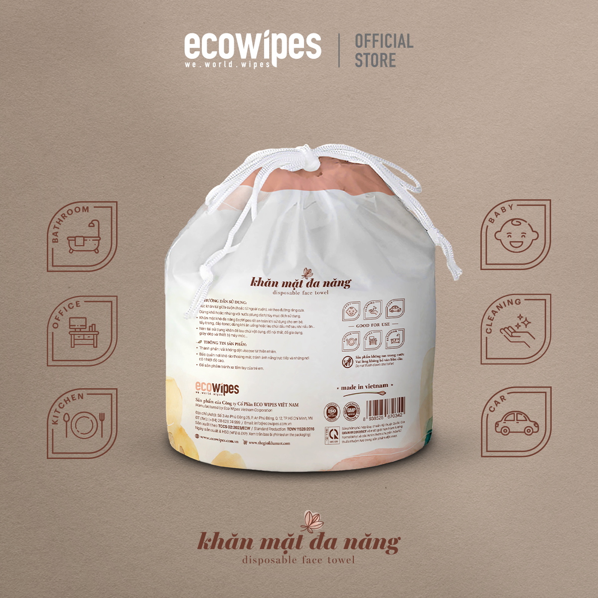 Khăn mặt khô đa năng Ecowipes cuộn 80 tờ size khăn 20x20cm dùng 1 lần lau khô lau ướt giấy lau mặt dùng một lần