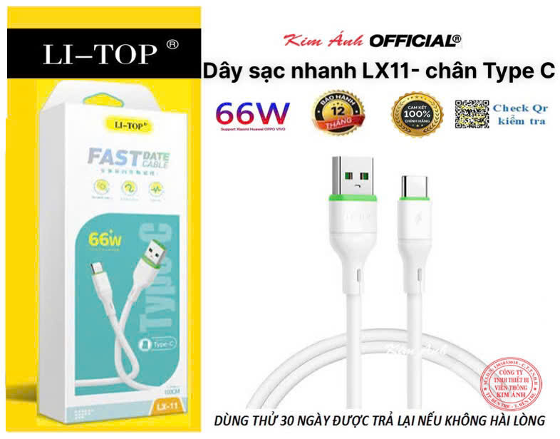 Dây sạc nhanh LI-TOP LX11 chân Type C (hộp giấy) công suất 66W, Kim Ánh cho dùng thử 30 ngày, bảo hành hàng chính hãng