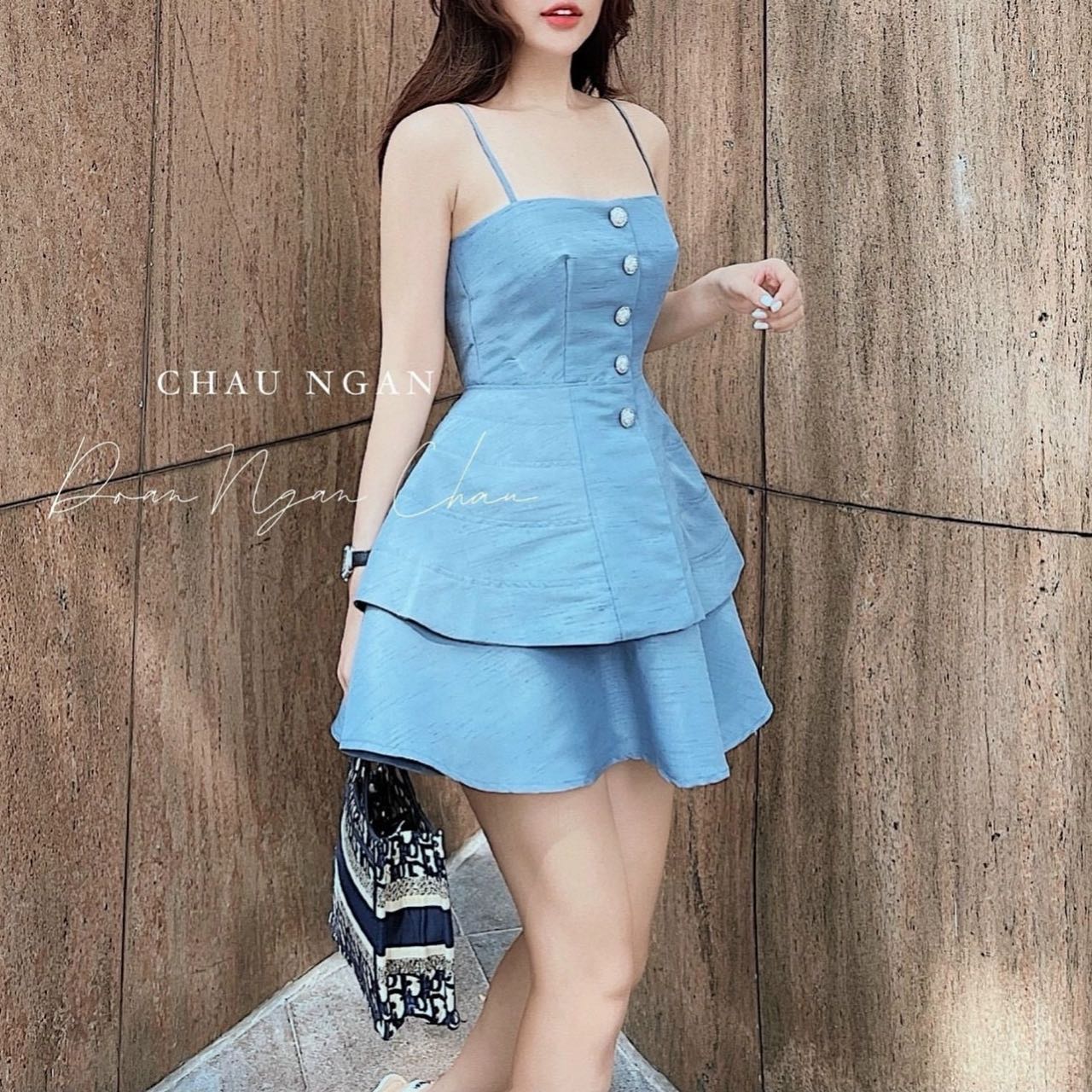Set Áo Peplum Xanh Hai Dây & Chân Váy Xoè - Hậu Nguyễn Store