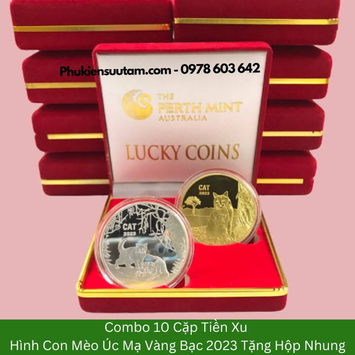 Combo 10 Cặp Xu Úc Hình Con Mèo Mạ Vàng Bạc Tặng Hộp Nhung, đường kính: 4cm, màu đỏ - SP005904