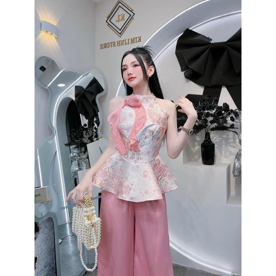 SET BỘ 2 MÓN ÁO YẾM ĐÍNH HOA XẾP LY XÒE MIX QUẦN SUÔNG ỐNG RỘNG CỰC CUTE CHO CÁC NÀNG NHÀ MEOWSHOP - xanh