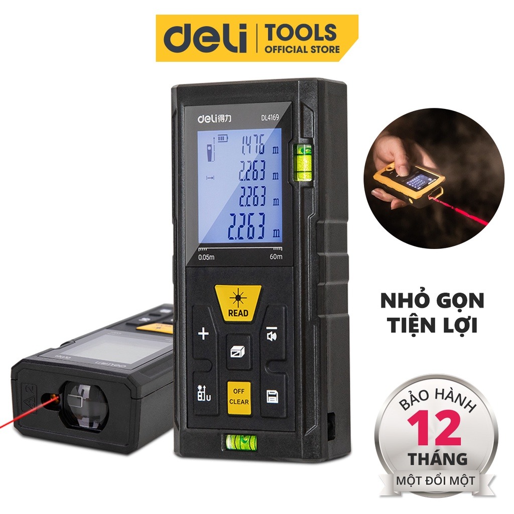 [TẶNG 2 PIN] Máy Đo Khoảng Cách Laser Deli Chính Hãng Loại 40m - 120m Đa Năng - Dễ Dàng Sử Dụng Từ Xa - EDL4168