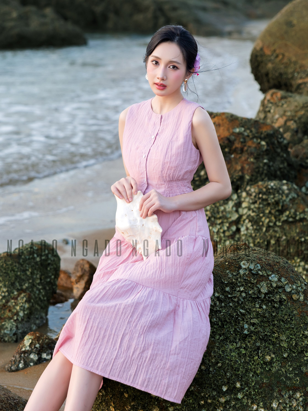 Đầm hồng sát nách NGADO , đầm nữ , Váy Vintage , Đầm nữ tính ngọt ngào , Đầm thiết kế