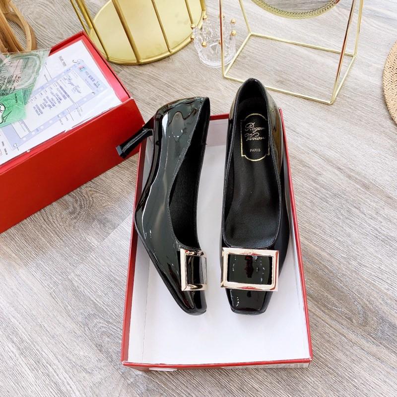 giày cao gót da bóng khoá vuông gót cách điệu thời trang sang trọng fullbox hàng qc 3105
