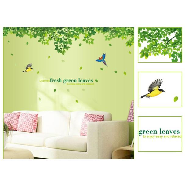 Decal trang trí tường - Dàn Lá Xanh Chim sắc màu