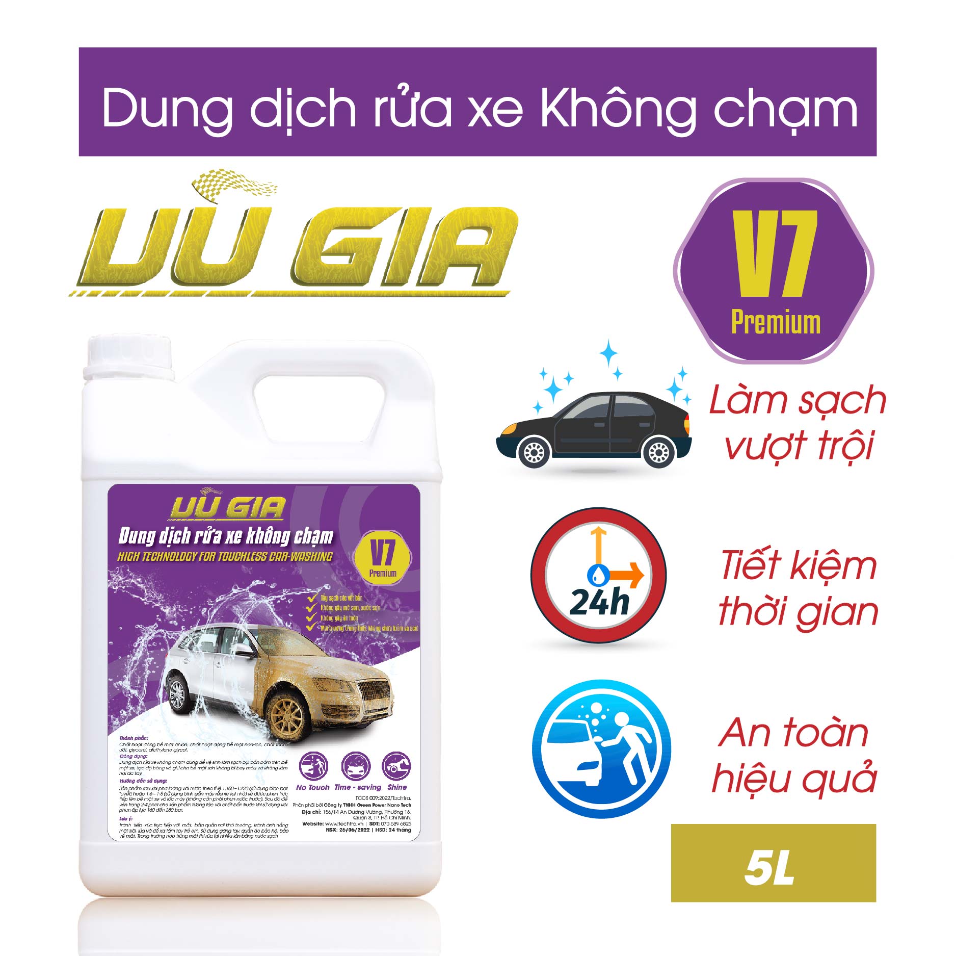 Nước rửa xe không chạm Vũ Gia V7 (5 lít) | Xà phòng rửa xe ô tô, xe máy siêu sạch, pH trung tính bảo vệ màu sơn xe