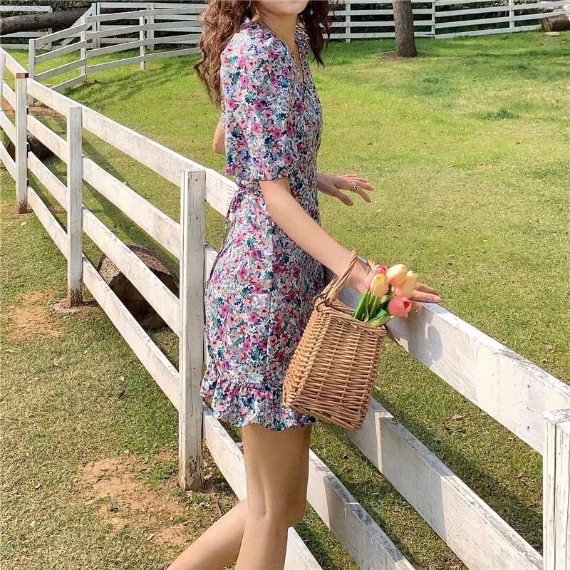Váy đầm hoa họa tiết sang chảnh bộ đuôi cá tím - váy hoa dáng xòe tôn dáng