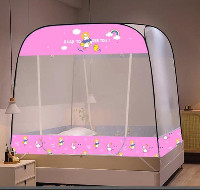 Màn Chụp Tự Bung Đỉnh Vuông Cao Cấp Mộc Miên - Màu Trắng Viền Hồng ( Hình thật )