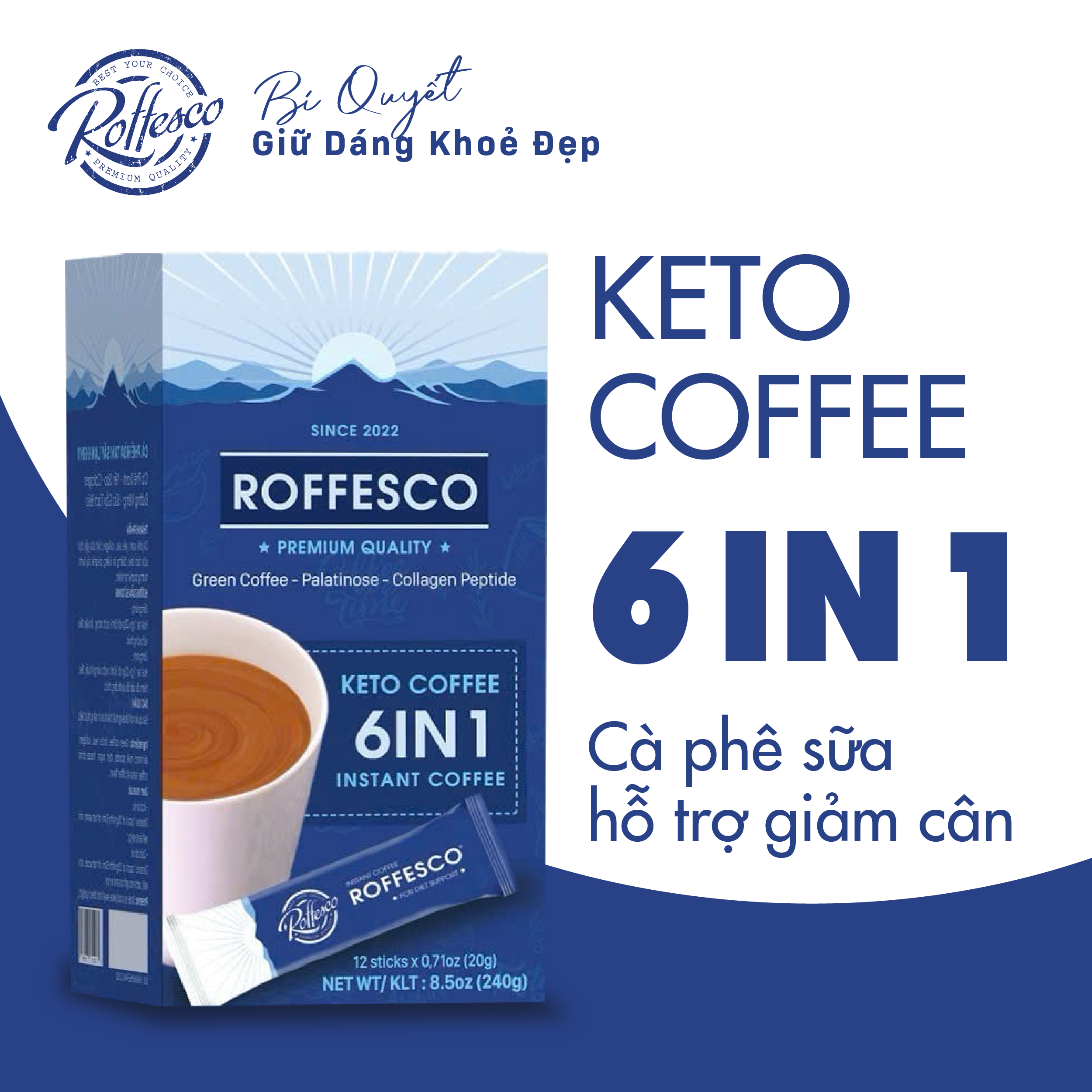 Cà Phê Sữa Dành Cho Người Ăn Kiêng - Keto Coffee 6 in 1 ROFFESCO Hộp 12 Gói 240g