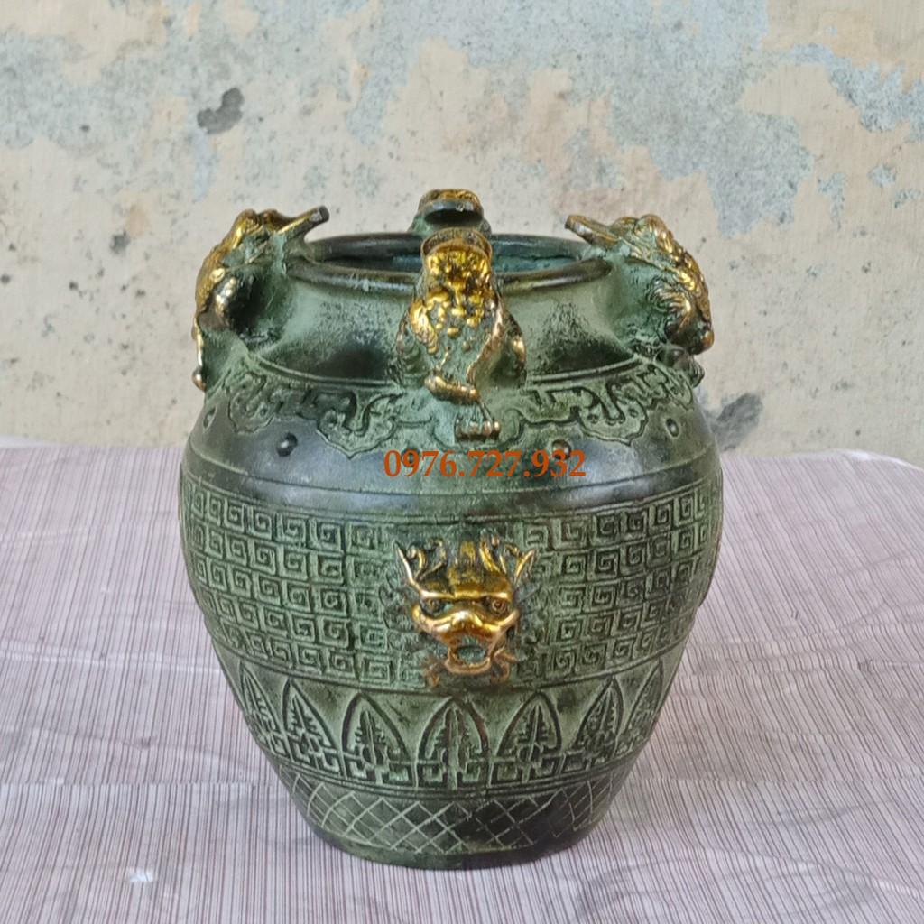 Hũ chiêu tài 4 cóc màu xanh giả cổ, kích thước 14x12cm, hũ đồng 4 cóc, giá bán hũ chiêu tài
