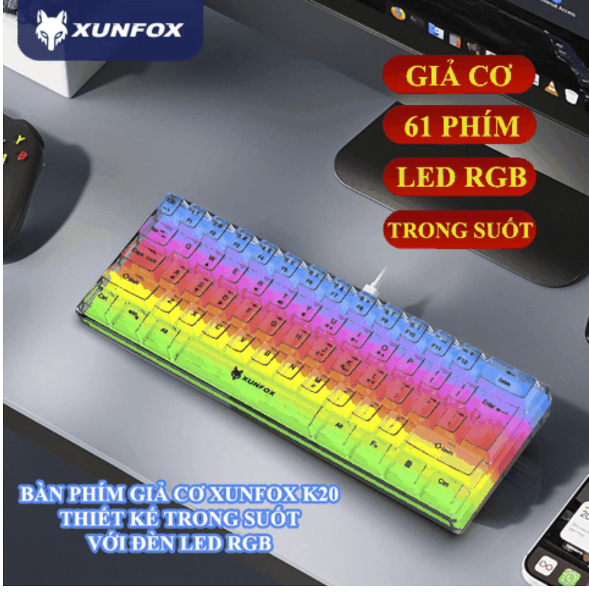 Bàn phím mini có dây XUNFOX K20 thiết kế trong suốt độc đáo với đèn led RGB cực đẹp