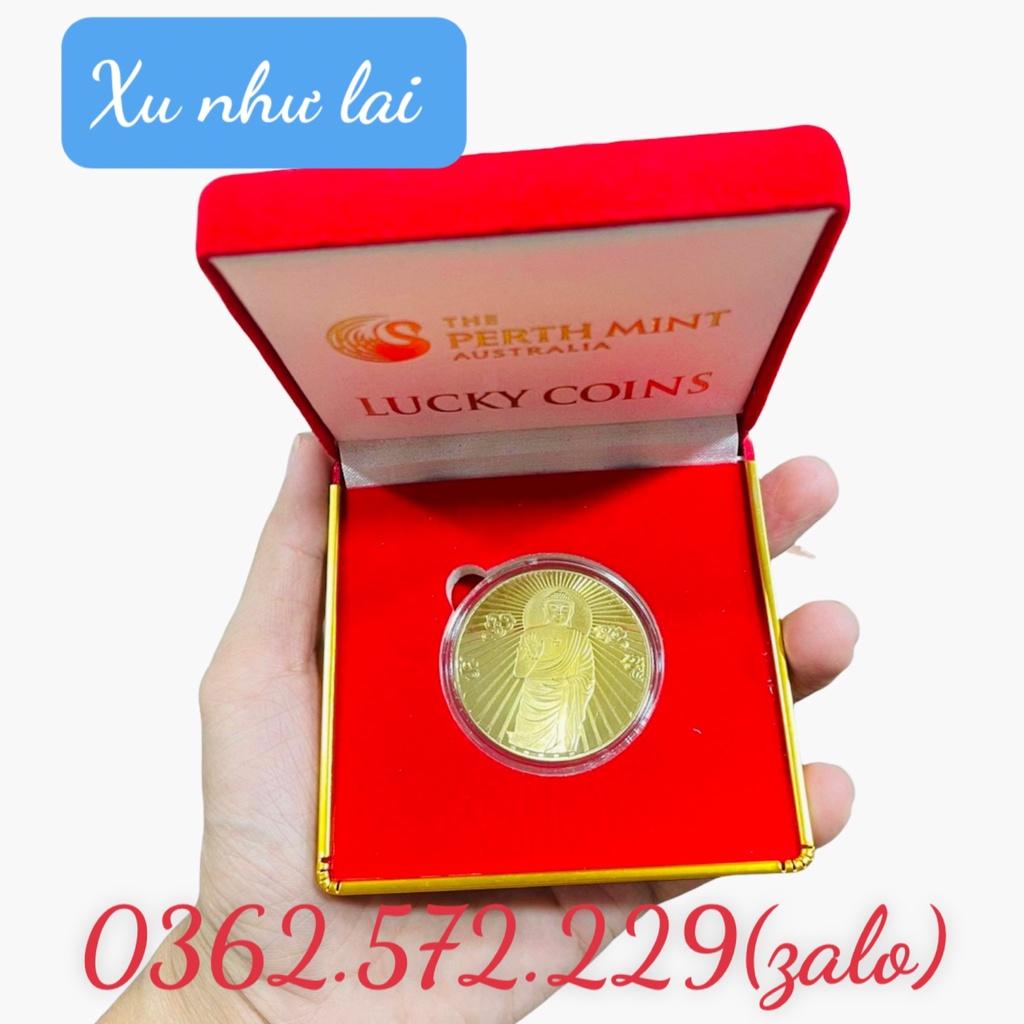 Đồng Xu Hình Đức Phật, Phật Tổ Như Lai Mạ Vàng Tặng Hôp Nhung , Móc Khóa, Túi Gấm May Mắn