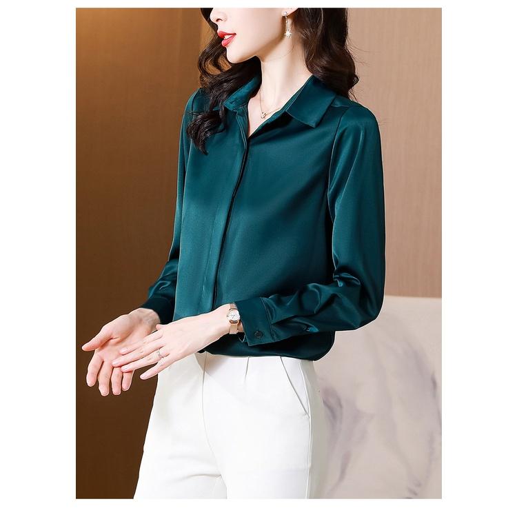 Áo Sơ Mi Nữ Công Sở Màu Xanh Lá Cổ Đức CHIPY Kiểu Hàn Quốc Vintage Ulzzang Form Rộng Dài Tay Đẹp Chất Lụa Cao Cấp A2X