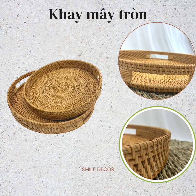 Khay Mây, Khay Trà Tròn Có Lỗ Tay Cầm Smile Decor