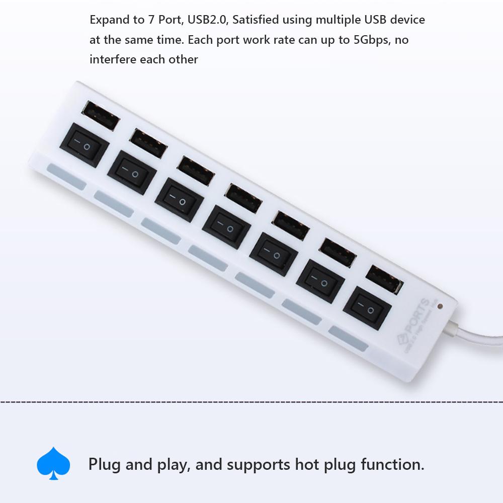 JDL-A7 HUB USB Hub 7 Port USB 2.0 Independent Switch Indicator High Speed Ultra Slim Splitter Hub with USB Cable for