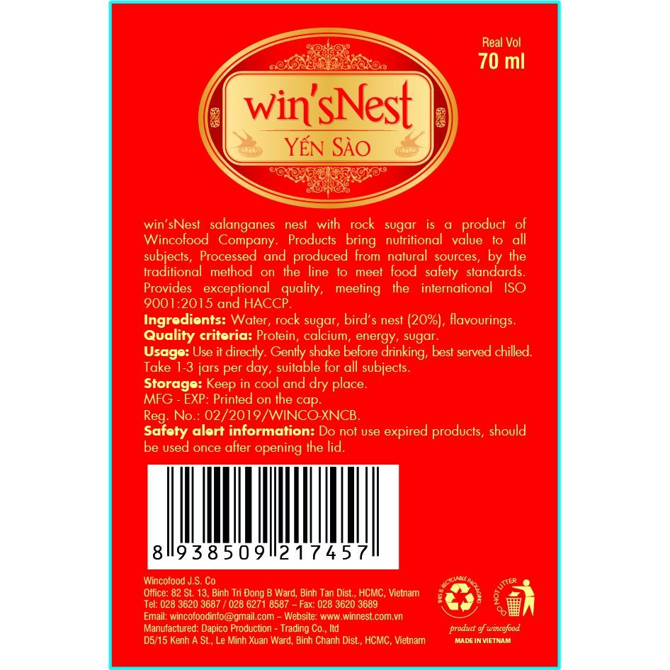 Combo 12 lọ Yến sào cao cấp win'sNest tổ yến chưng sẵn đường phèn 20% (70 ml/ lọ)