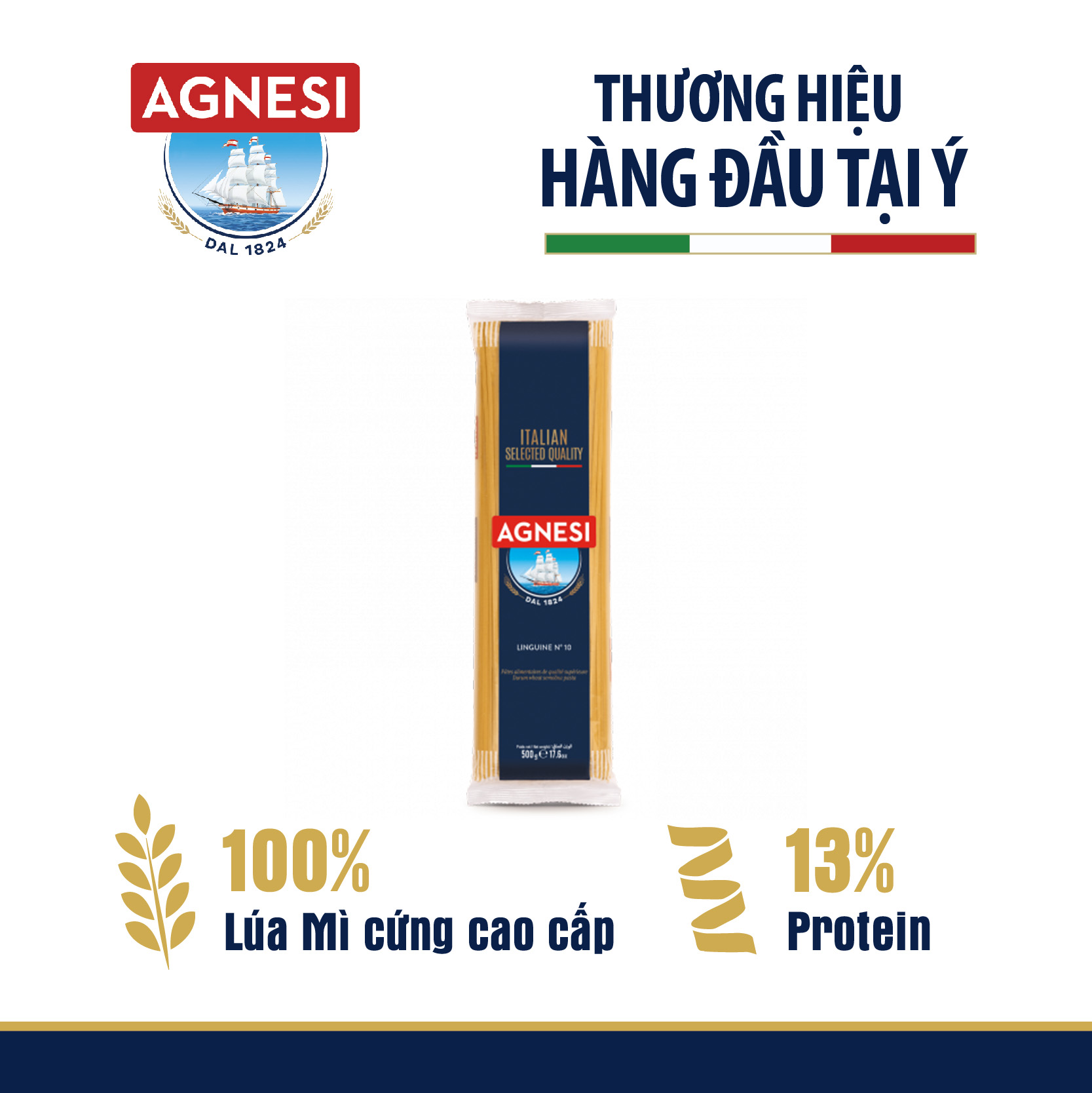 Mì Ý Linguine Agnesi Ý 500g, dùng lúa mì durum cao cấp giữ sốt, không gãy và dính