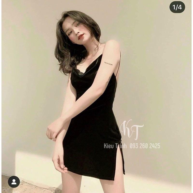 Đầm nhung ngắn xẻ tà hở lưng