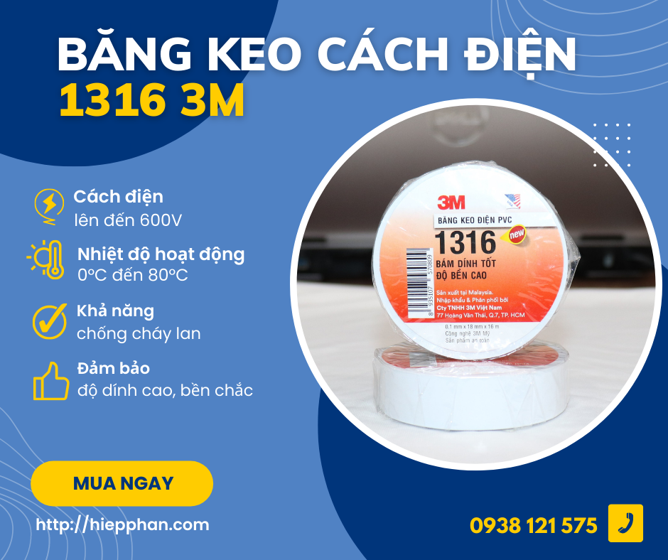 [COMBO 10 CUỘN] Băng keo cách điện PVC 1316 16mx18mm 3M - Trắng