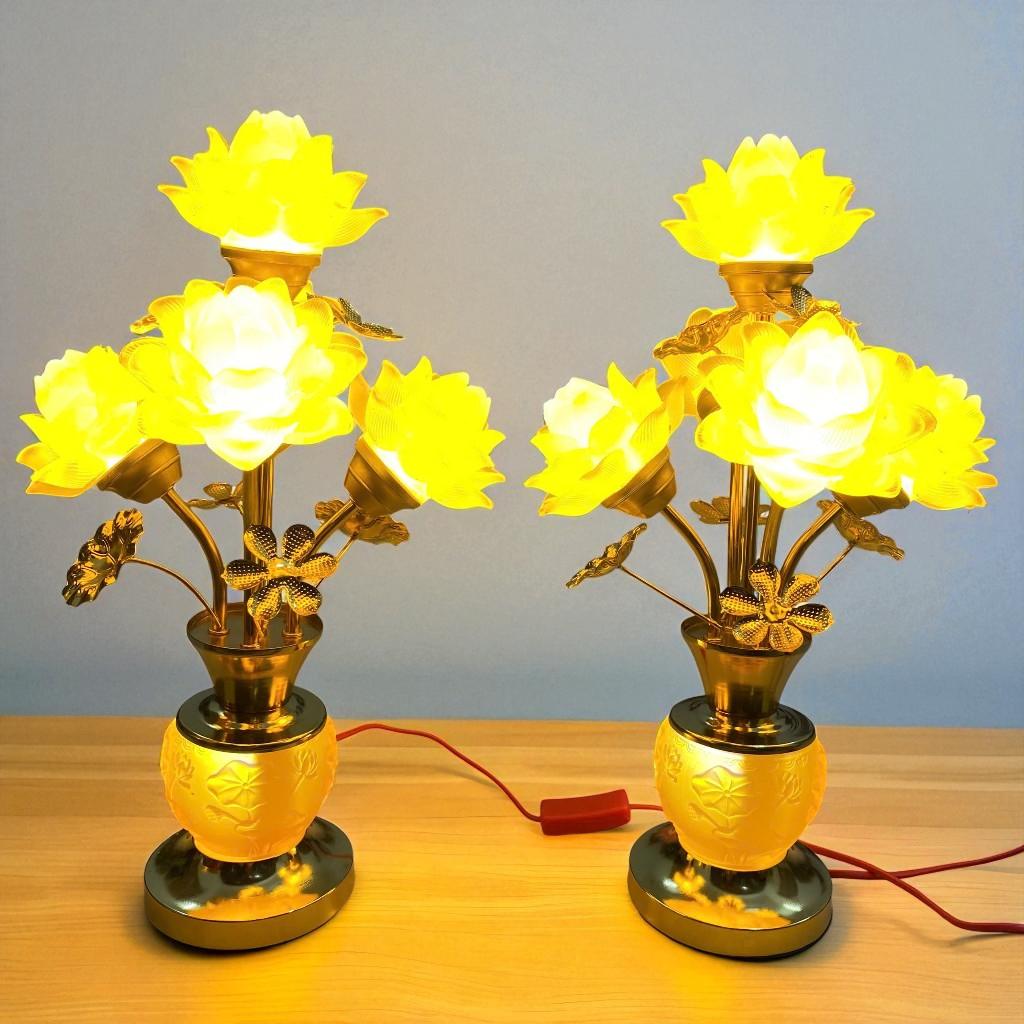 cặp đèn thờ 5 bông lưu ly sen nổi RỒNG VIỆT, Cặp đèn thờ thân hợp kim thiết kế cao cấp