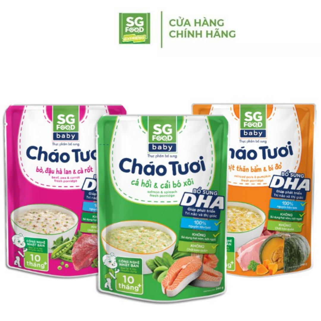 Combo 3 Cháo Tươi Baby SG Food 240G (Thịt Bằm, Bò, Cá Hồi)