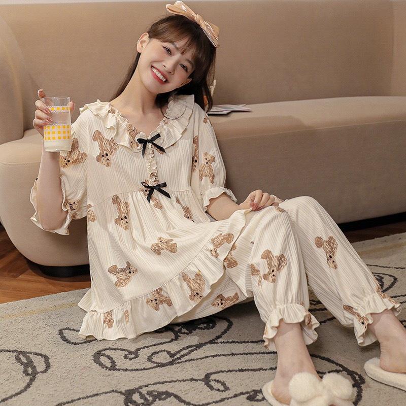 Bô Đồ Ngủ Pyjama Bèo Nơ Tay Ngắn Quần Dài Cotton Mùa Hè