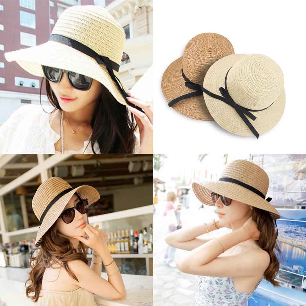 Women's Ladies Fashion Summer Beach Sun Visor Wide Brim Stripe Floppy Hat HBJYT