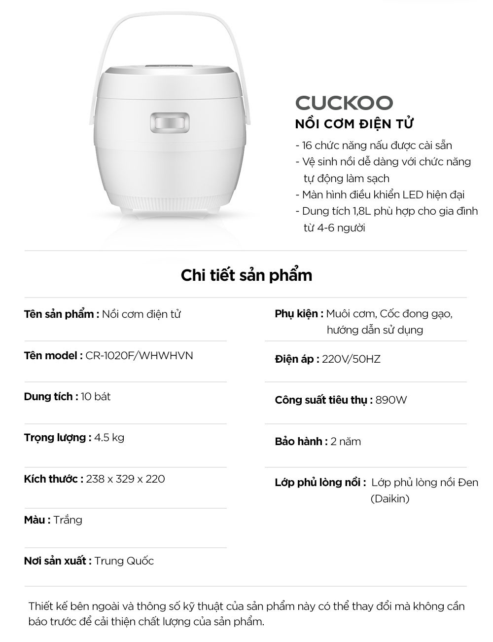 Nồi cơm điện tử Cuckoo 1,8L CR-1020F- màu trắng - Bảng điều khiển LED - Lòng nồi chống dính - Chất lượng Hàn Quốc - Hàng chính hãng Cuckoovina