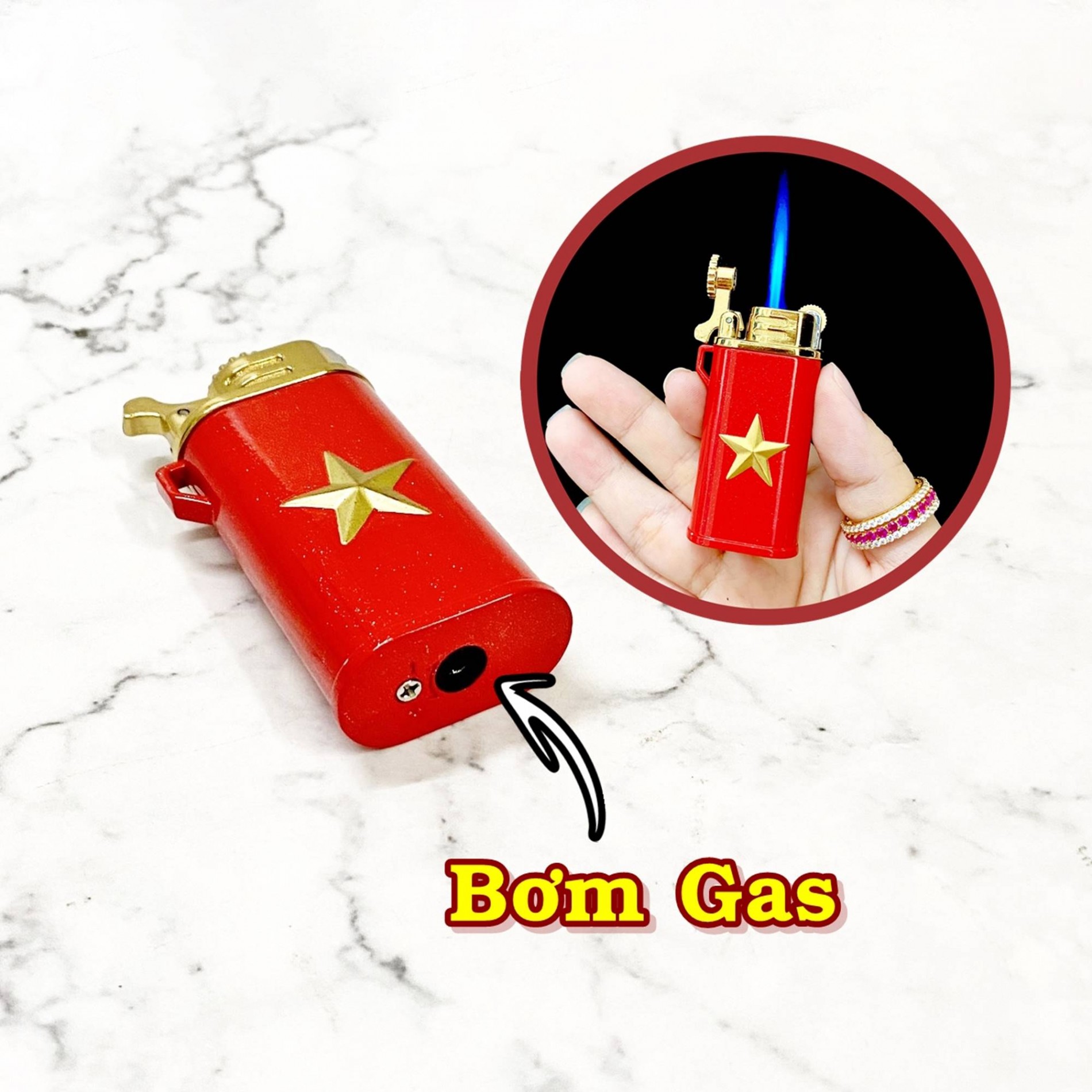 Hột quẹt bật lửa khè gas đá rãnh tay CHIEF CF220G cờ đỏ sao vàng kim loại - xài gas