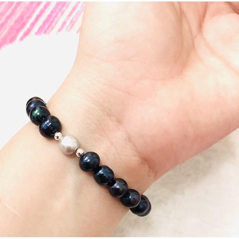 Vòng Tay Hạt 7ly Màu Xanh Đen Mix Bi Bạc, Vòng Tay Ngọc Trai Nước Ngọt Tự Nhiên Dễ Thương - Ngọc Trai Trường Thịnh