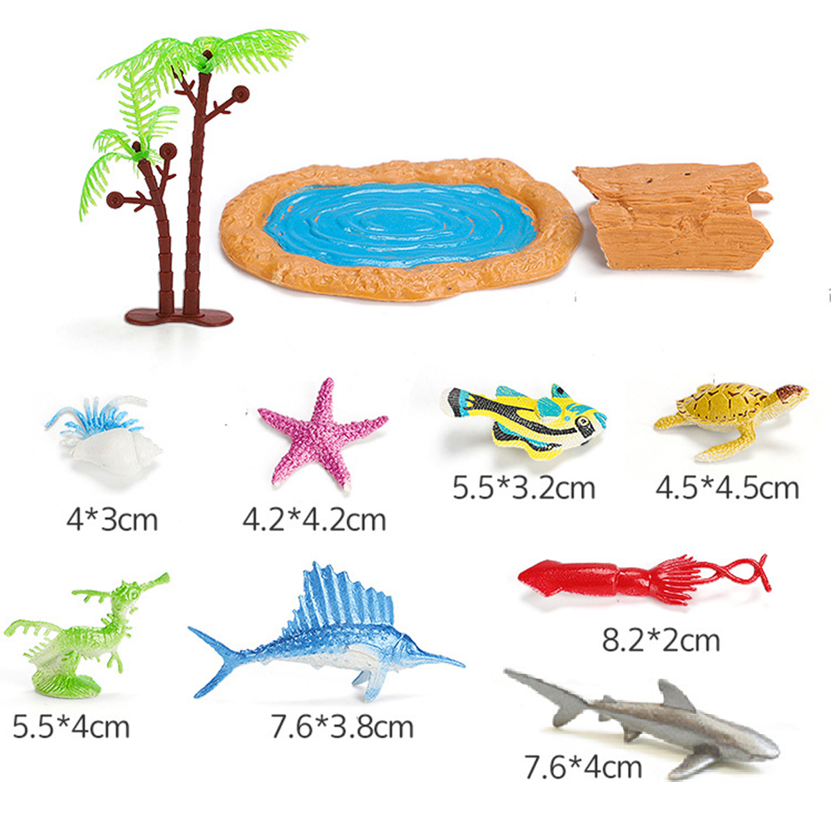 Hộp 11 đồ chơi Cá Biển Đại Dương kèm phụ kiện trang trí - mô hình nhựa Cá Rùa Ốc Mực Sao Biển 5-8 cm
