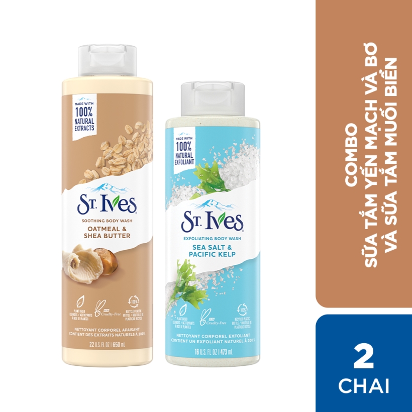 Combo Sữa tắm St.ives Yến mạch và bơ 650ml và Sữa tắm St.ives Muối biển 473ml