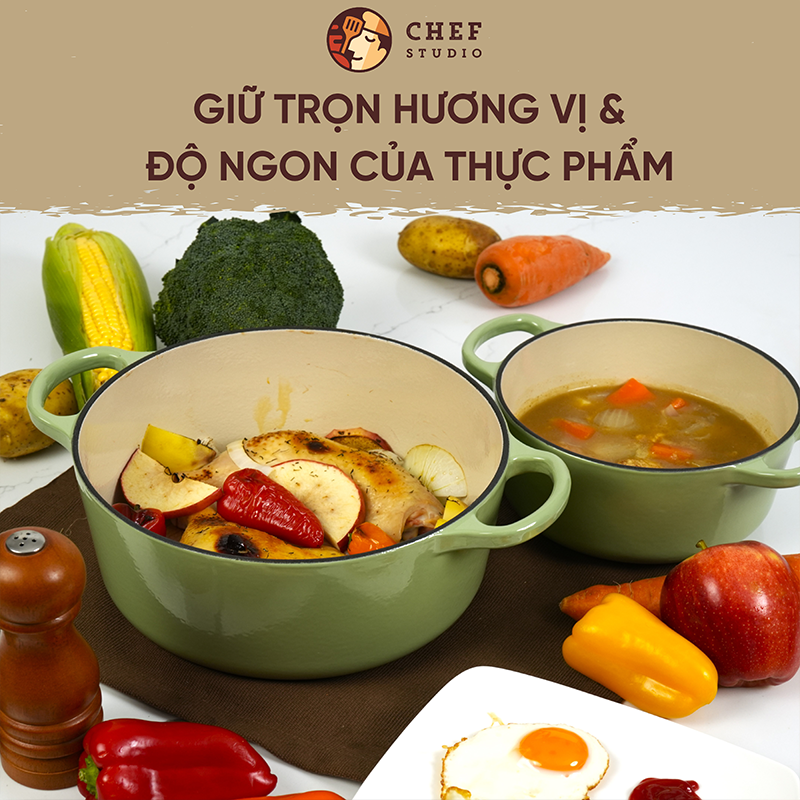 Chefstudio - Nồi Gang Phủ Gốm Xanh Ngọc, Đa Năng, Chống Dính, Giữ Nhiệt Tốt, Phù Hợp Mọi Loại Bếp