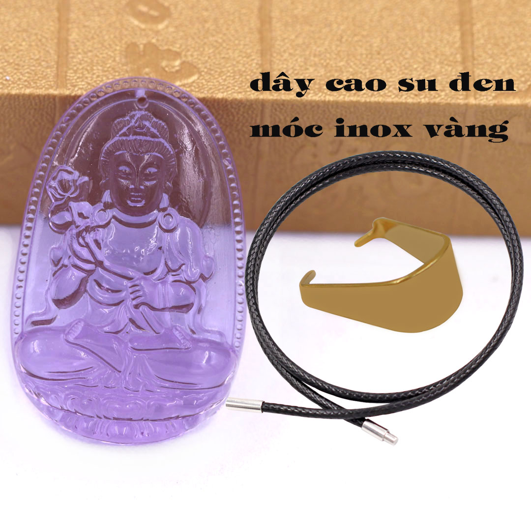 Mặt Phật Đại thế chí pha lê tím 3.6 cm kèm móc và vòng cổ dây cao su đen, Mặt Phật bản mệnh