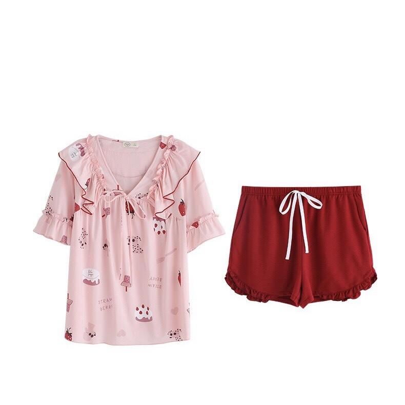 Bộ mặc nhà nữ thun cotton cổ viền bèo thắt nơ