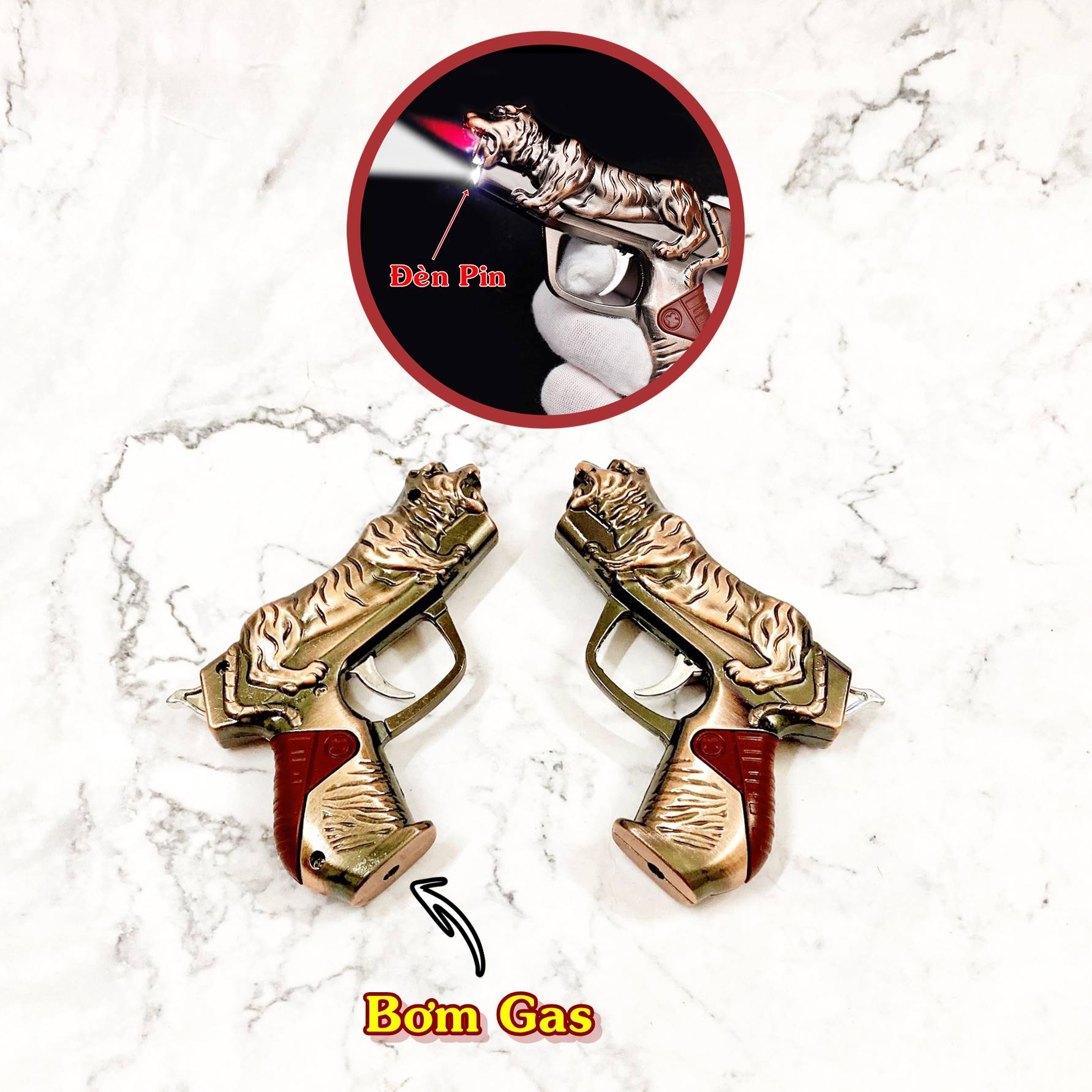 Bật lửa hột quẹt khè hình xúng cọp có đèn pin 11cm - xài ga